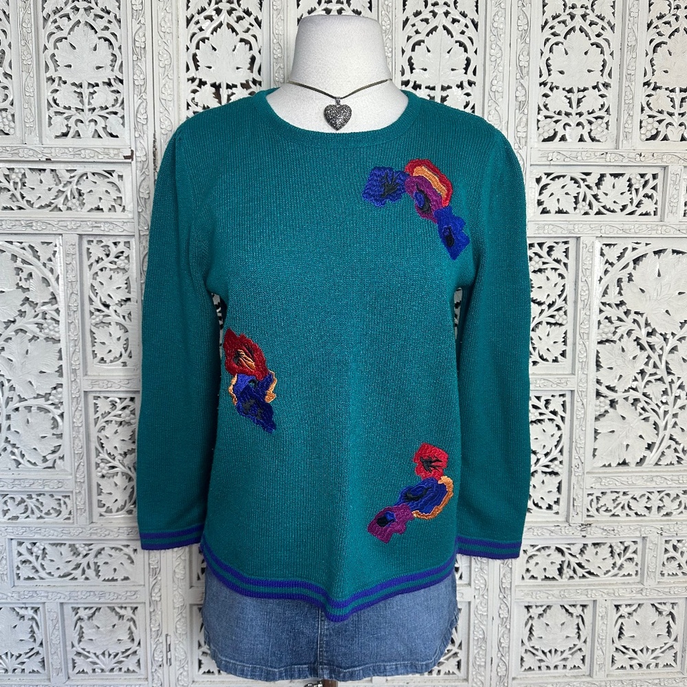 Vintage Avanti Petites Teal Green Floral Embroidered Grannycore Sweater Sz‎ M